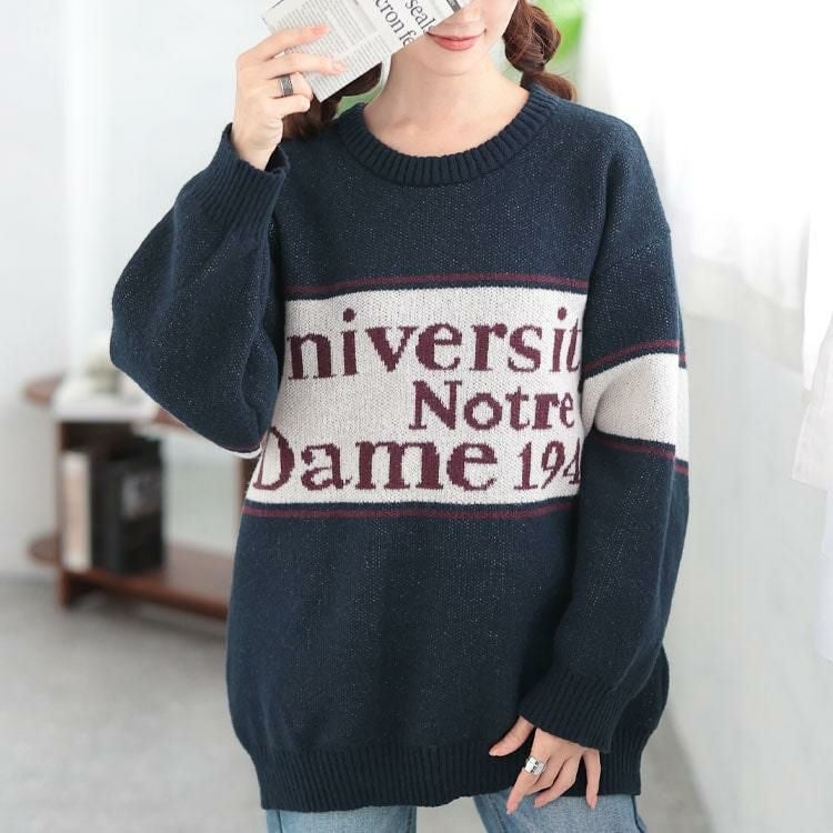 大きいサイズ レディース 英字ロゴ配色ニット　cros-240058 ネイビー