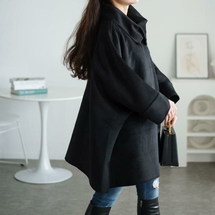 大きいサイズ レディース ビッグカラーポンチョ風コート　nw-24044 ブラック