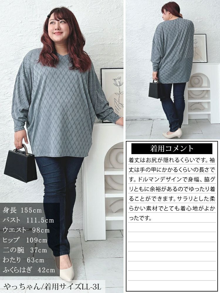 大きいサイズ レディース 三角ジャガードVネックドルマンプルオーバー　maru-30086