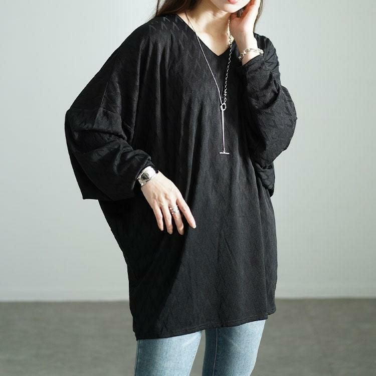 大きいサイズ レディース 三角ジャガードVネックドルマンプルオーバー　maru-30086 ブラック