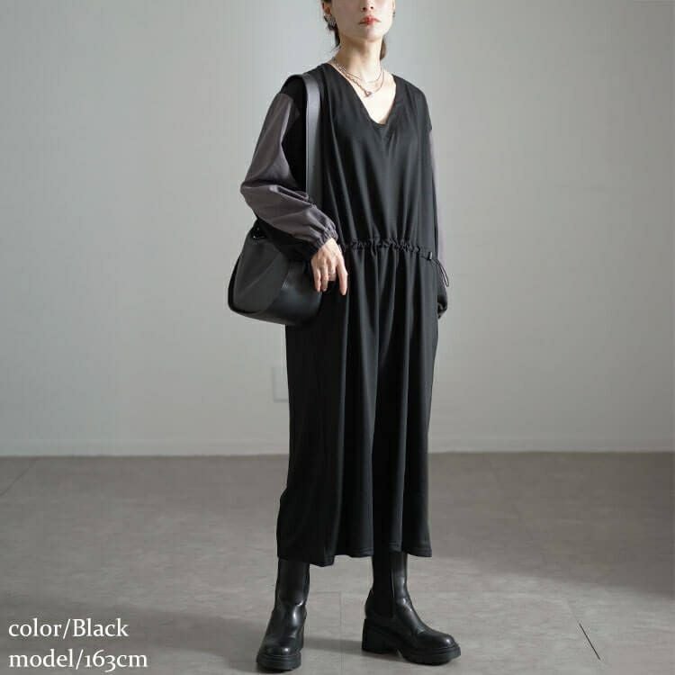 大きいサイズ レディース バイカラー袖ウエストドロストワンピース　fem-541