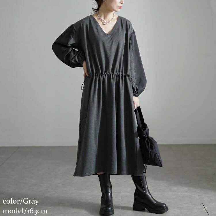 大きいサイズ レディース バイカラー袖ウエストドロストワンピース　fem-541