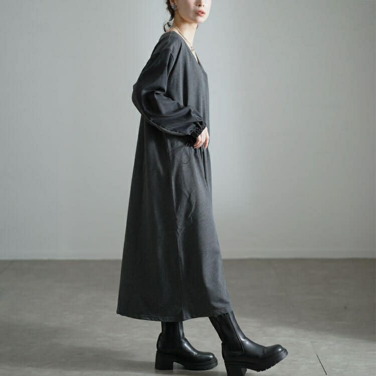 大きいサイズ レディース バイカラー袖ウエストドロストワンピース　fem-541