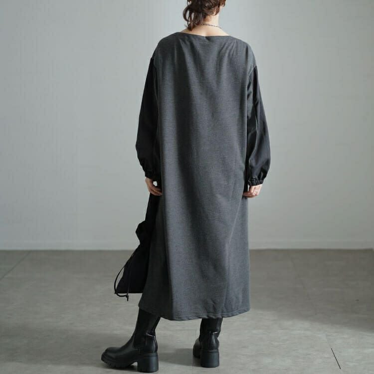 大きいサイズ レディース バイカラー袖ウエストドロストワンピース　fem-541