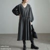 大きいサイズ レディース バイカラー袖ウエストドロストワンピース　fem-541 グレー