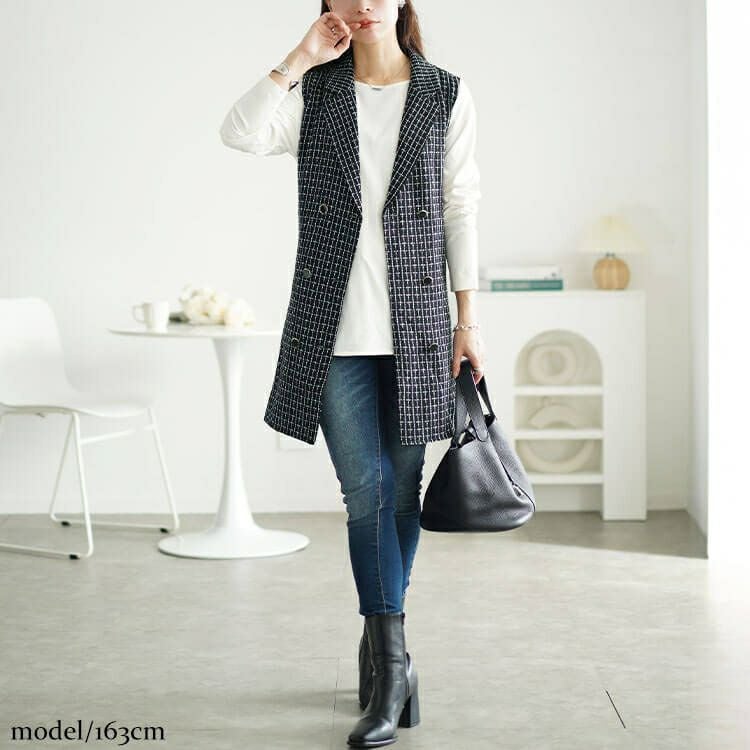 大きいサイズ レディース ベルト付きツイードテーラードベスト　tani-36354ll