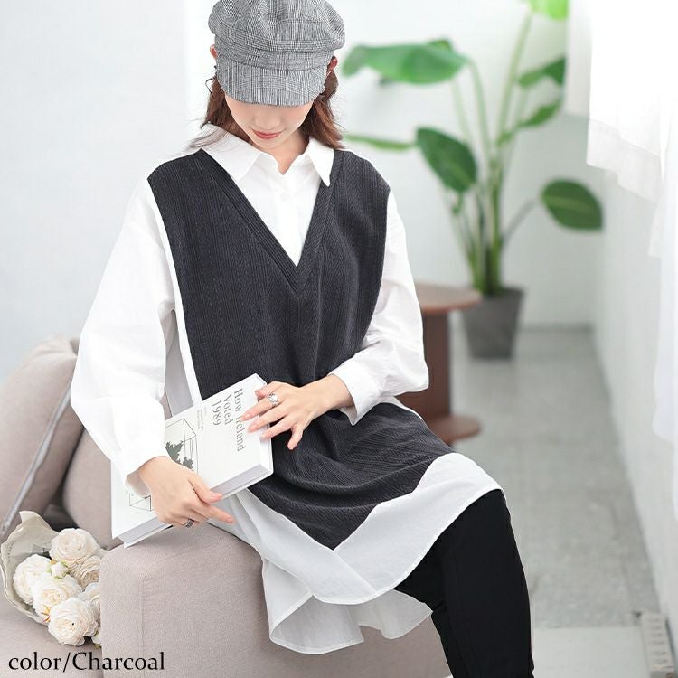 大きいサイズ レディース 異素材切り替え重ね着風シャツチュニック　maru-30083