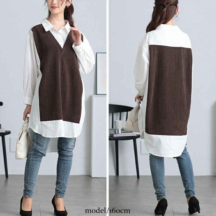 大きいサイズ レディース 異素材切り替え重ね着風シャツチュニック　maru-30083