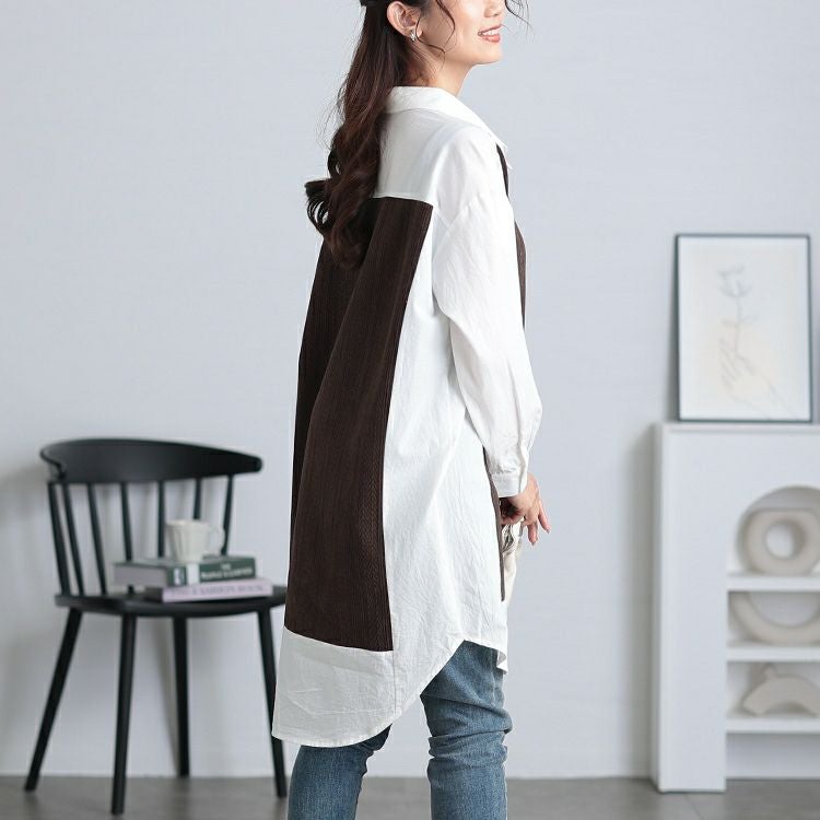 大きいサイズ レディース 異素材切り替え重ね着風シャツチュニック　maru-30083