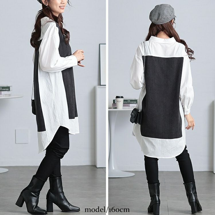 大きいサイズ レディース 異素材切り替え重ね着風シャツチュニック　maru-30083