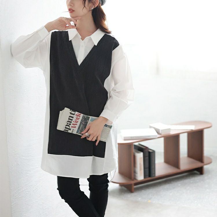 大きいサイズ レディース 異素材切り替え重ね着風シャツチュニック　maru-30083