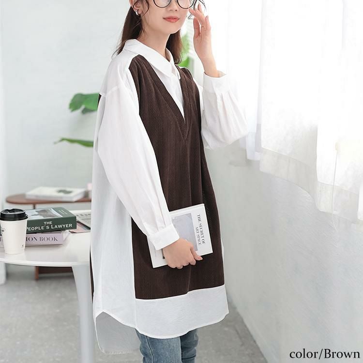 大きいサイズ レディース 異素材切り替え重ね着風シャツチュニック　maru-30083 ブラウン