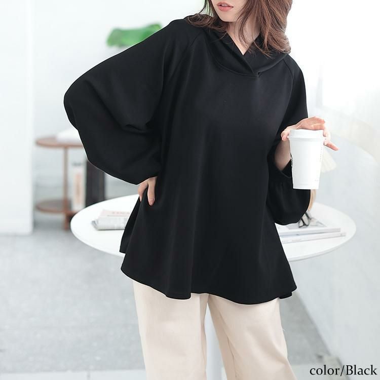 大きいサイズ レディース ボリュームスリーブラグランフレアパーカー　maru-30079 ブラック