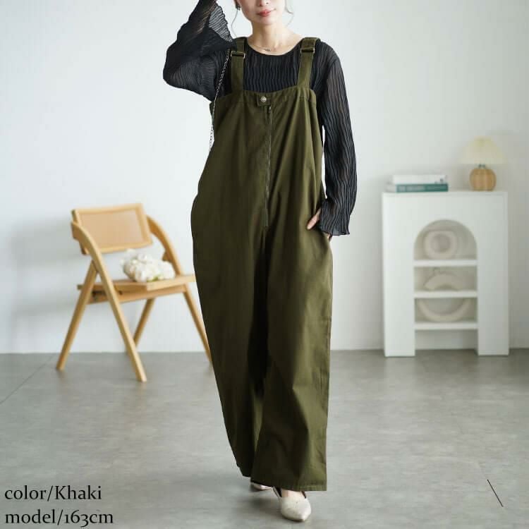 大きいサイズ レディース フロントジップサロペットパンツ　wc-0357 カーキ