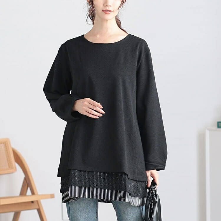 大きいサイズ レディース 裾レース＆ストライプ重ね着風チュニック　cast-5548006