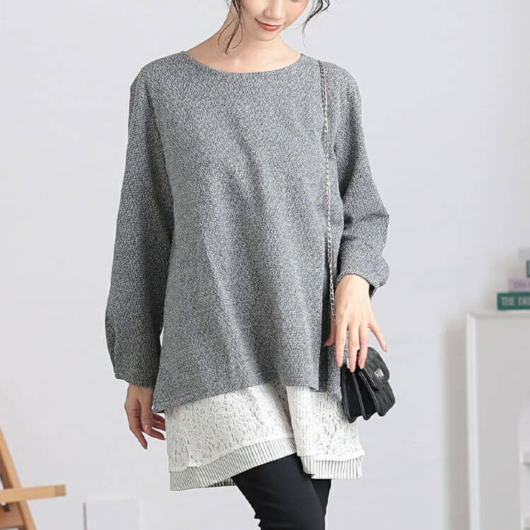 大きいサイズ レディース 裾レース＆ストライプ重ね着風チュニック　cast-5548006