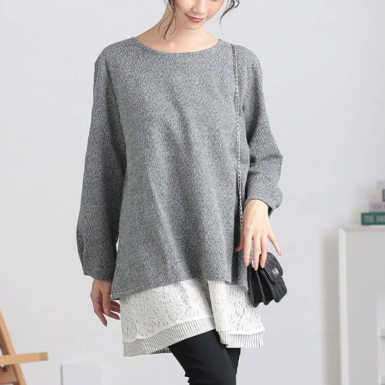 大きいサイズ レディース 裾レース＆ストライプ重ね着風チュニック　cast-5548006 グレー