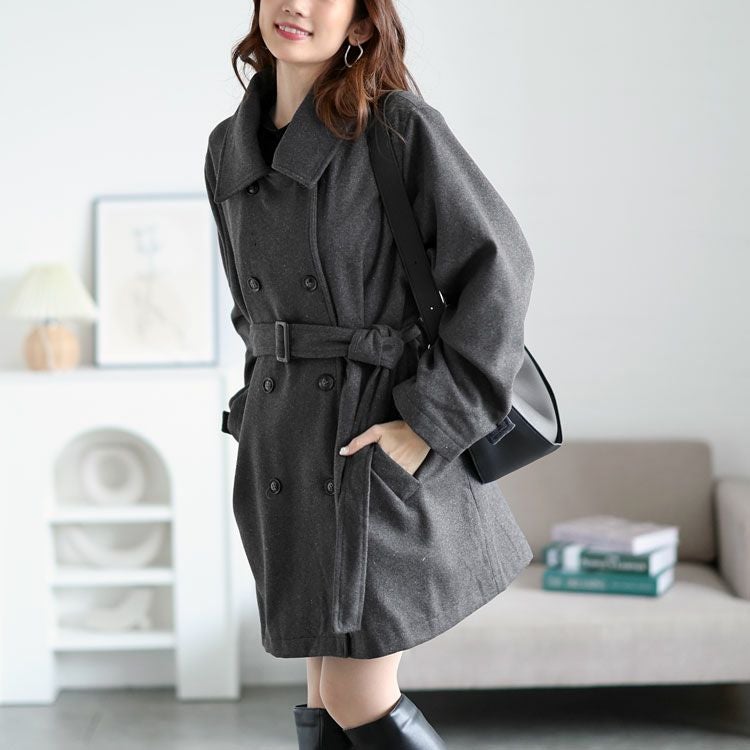 大きいサイズ レディース ベルト付きダブルボタンコート fem-538