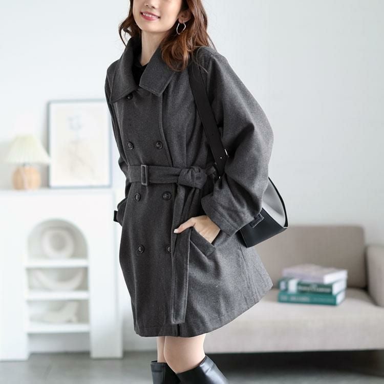大きいサイズ レディース ベルト付きダブルボタンコート fem-538