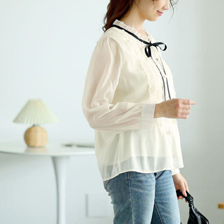 大きいサイズ レディース フリルネックリボン付きシアーブラウス　goldy-1608 【メール便可】