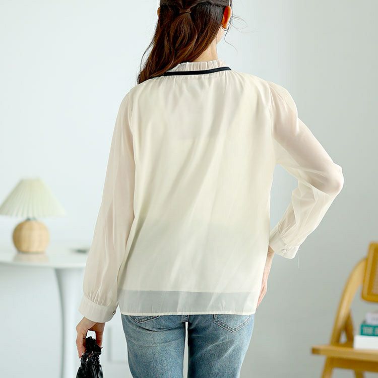 大きいサイズ レディース フリルネックリボン付きシアーブラウス　goldy-1608 【メール便可】