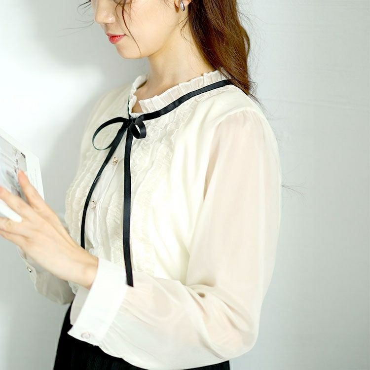大きいサイズ レディース フリルネックリボン付きシアーブラウス　goldy-1608 【メール便可】