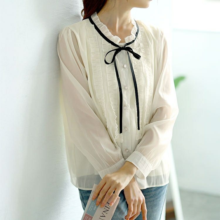 大きいサイズ レディース フリルネックリボン付きシアーブラウス　goldy-1608 【メール便可】