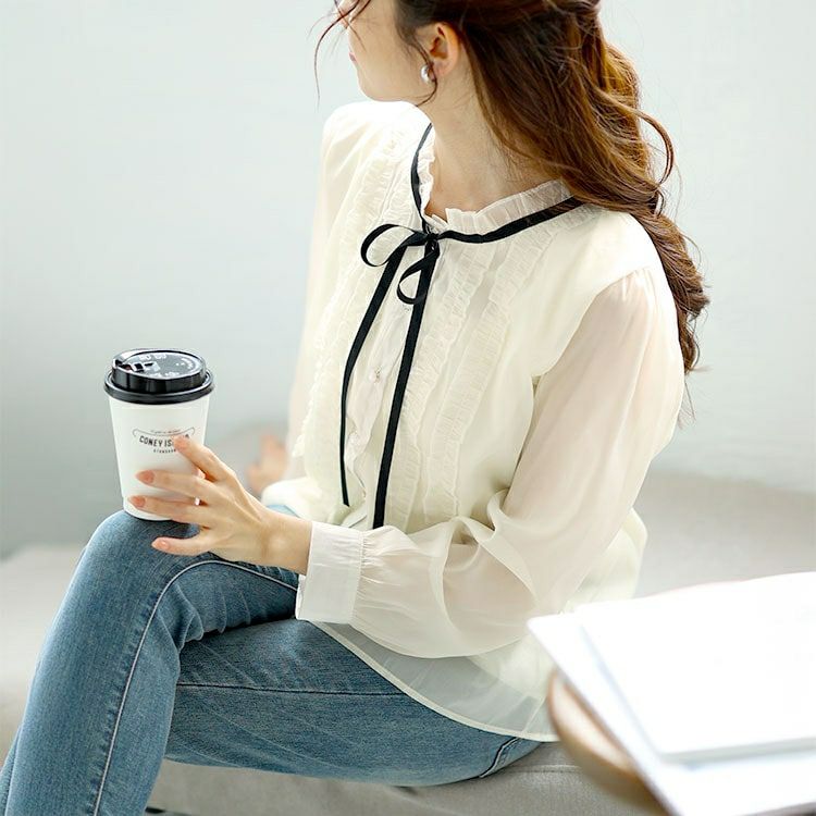 大きいサイズ レディース フリルネックリボン付きシアーブラウス　goldy-1608 【メール便可】