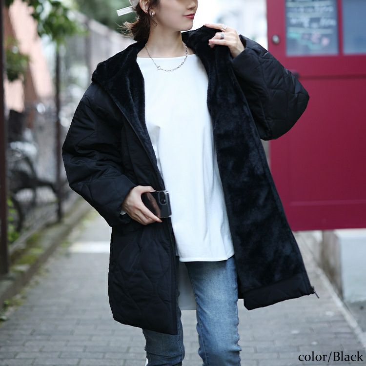 大きいサイズ レディース フード付きキルティング裏ボアジャケット　kt-7843110