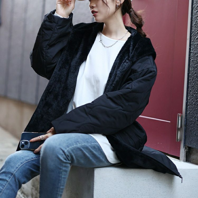 大きいサイズ レディース フード付きキルティング裏ボアジャケット　kt-7843110