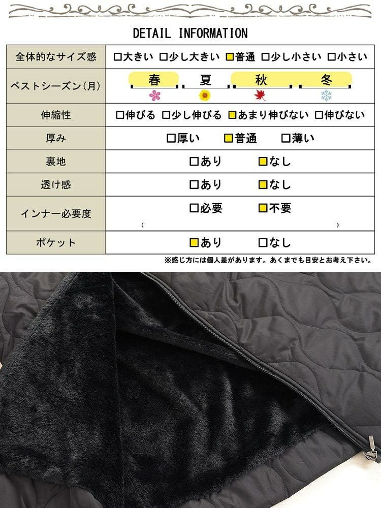 大きいサイズ レディース フード付きキルティング裏ボアジャケット kt