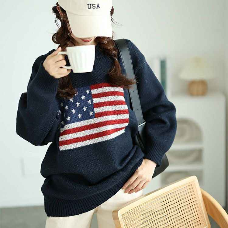 大きいサイズ レディース 国旗柄太リブ切り替えニット　cros-240060