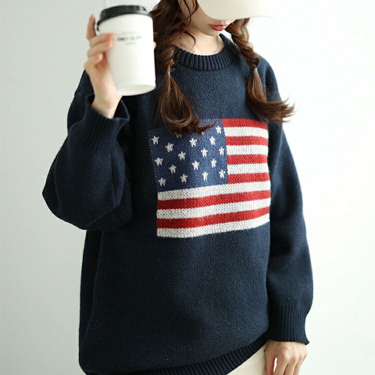 大きいサイズ レディース 国旗柄太リブ切り替えニット　cros-240060