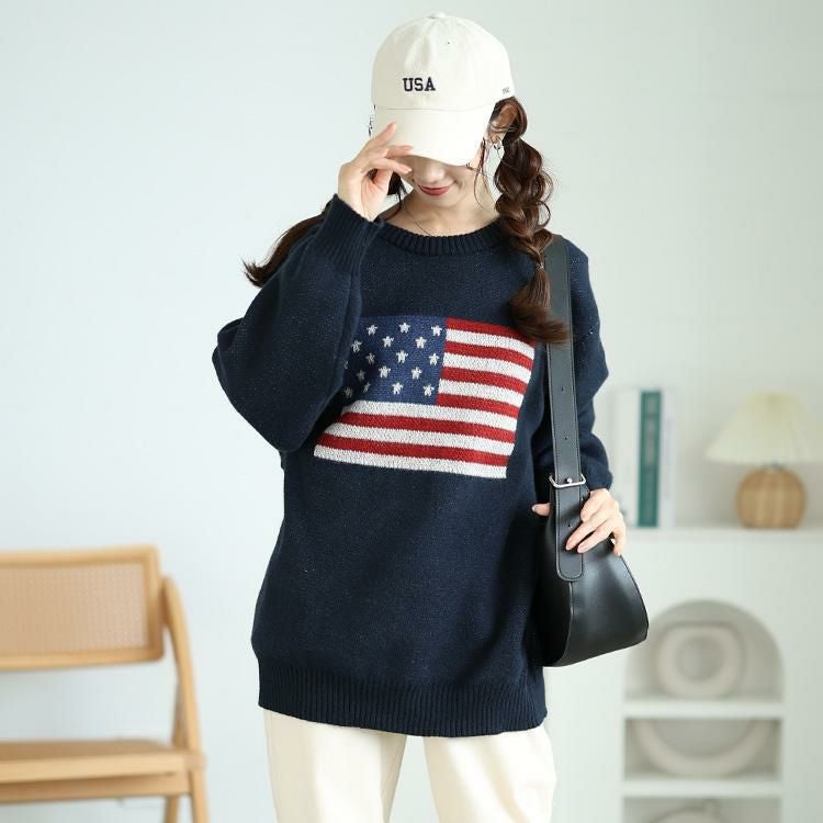 大きいサイズ レディース 国旗柄太リブ切り替えニット　cros-240060 ネイビー