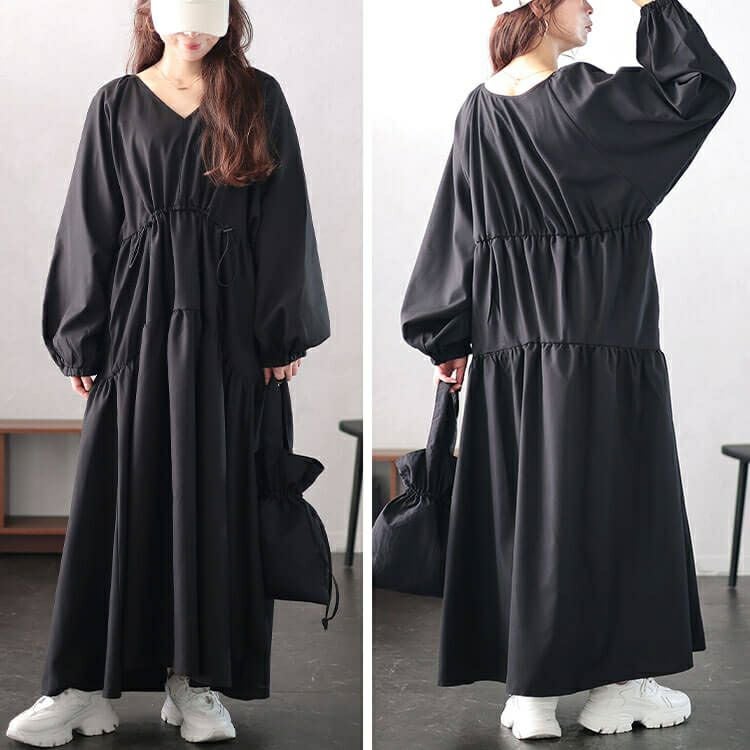 大きいサイズ レディース Vネックドロストギャザーワンピース　nw-24046