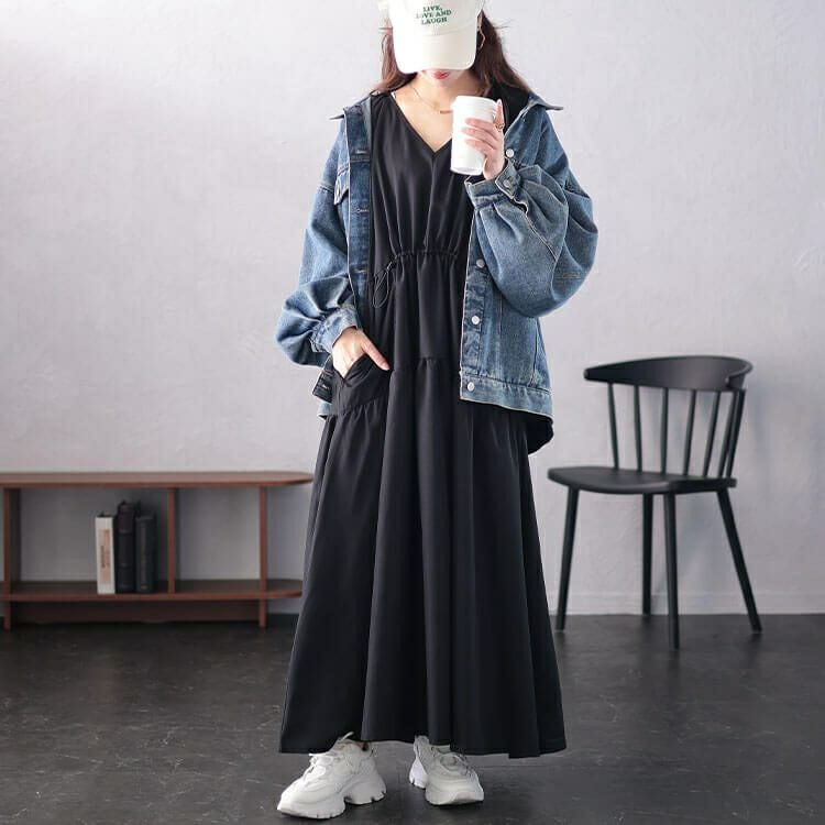 大きいサイズ レディース Vネックドロストギャザーワンピース　nw-24046