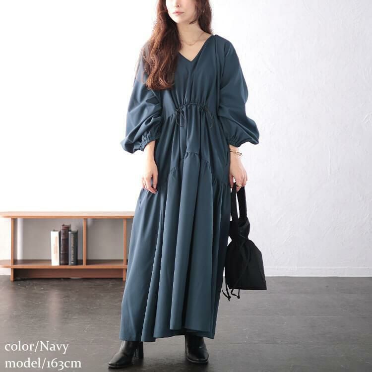 大きいサイズ レディース Vネックドロストギャザーワンピース　nw-24046 ネイビー