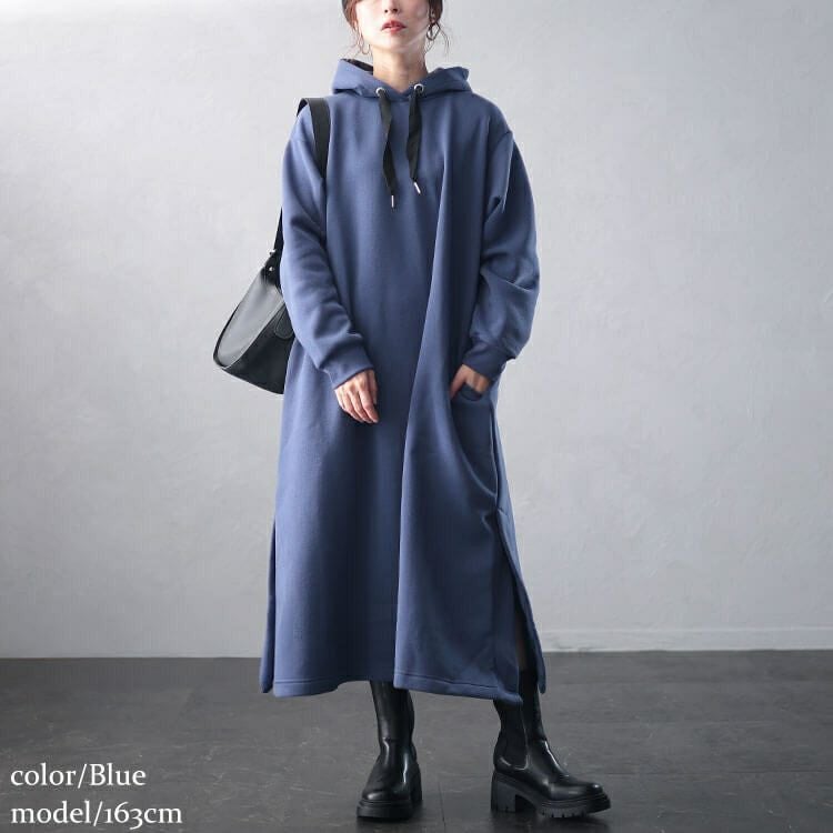 大きいサイズ レディース 裏起毛サイドスリットフード付きワンピース　plan-460017