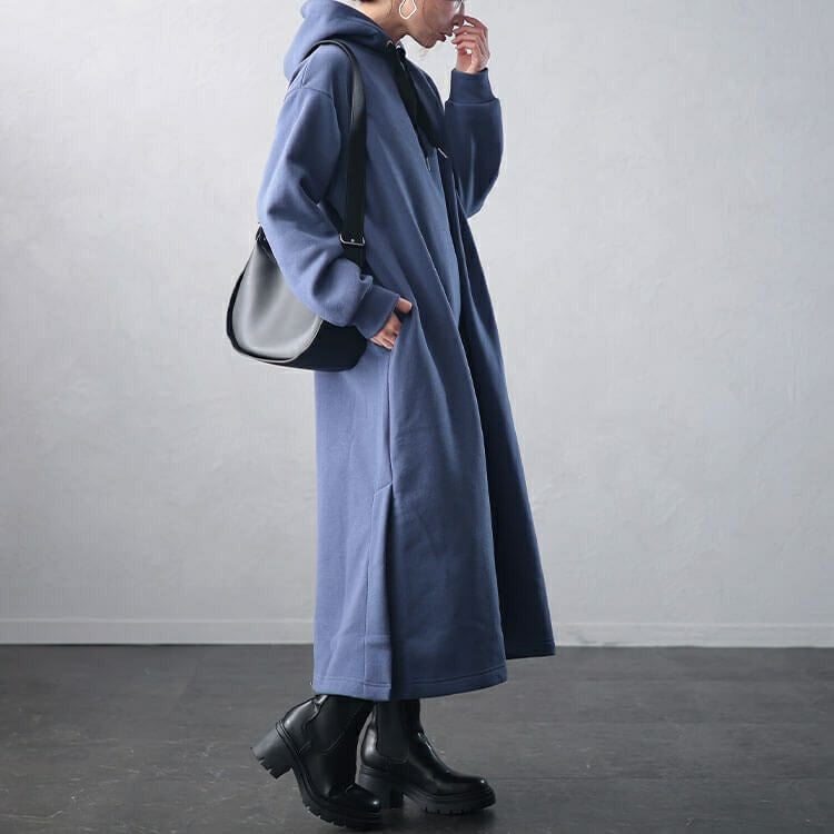 大きいサイズ レディース 裏起毛サイドスリットフード付きワンピース　plan-460017