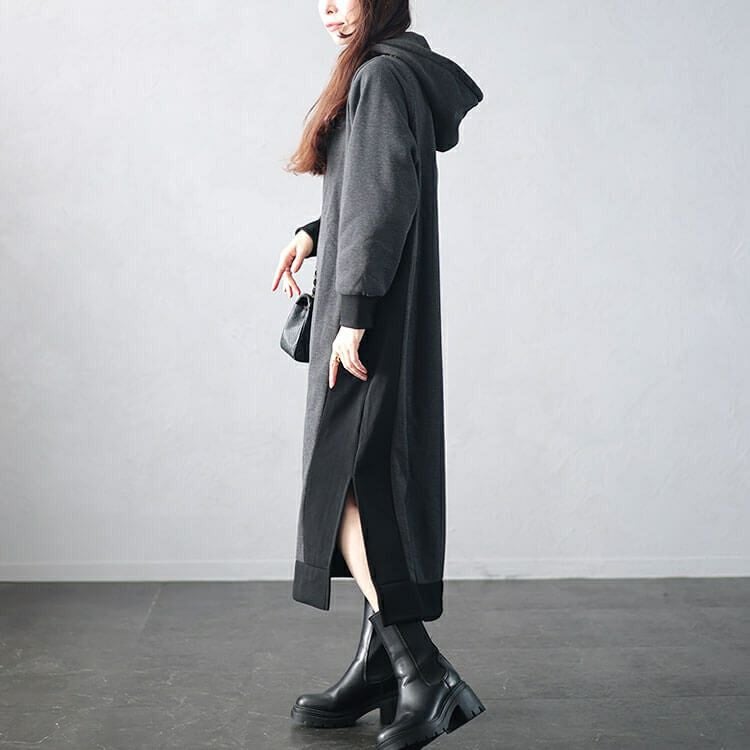 大きいサイズ レディース 裏起毛配色パーカーワンピース　plan-460014