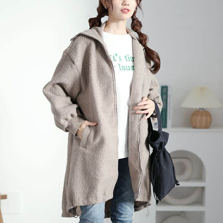 大きいサイズ レディース 裏起毛ビッグリブ襟ブークレコート　plan-360006