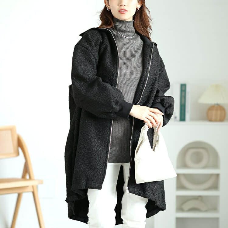 大きいサイズ レディース 裏起毛ビッグリブ襟ブークレコート　plan-360006