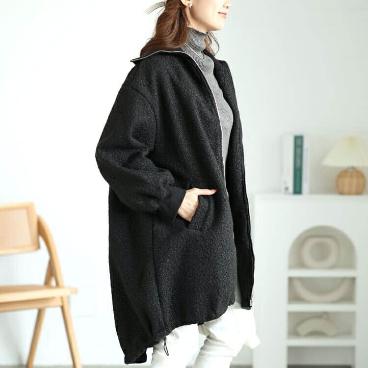 大きいサイズ レディース 裏起毛ビッグリブ襟ブークレコート　plan-360006