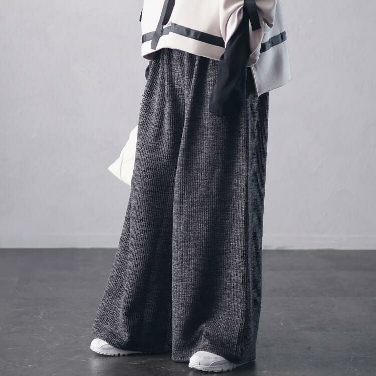 大きいサイズ レディース リブワイドパンツ　plan-250055 チャコール