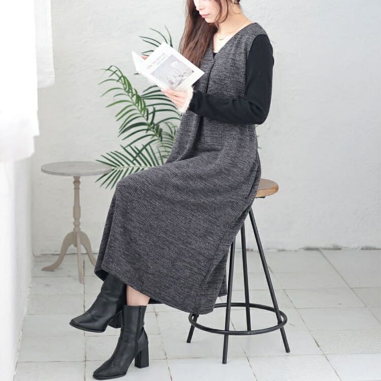 大きいサイズ レディース Vネックフロントタックジャンパースカート　plan-250054