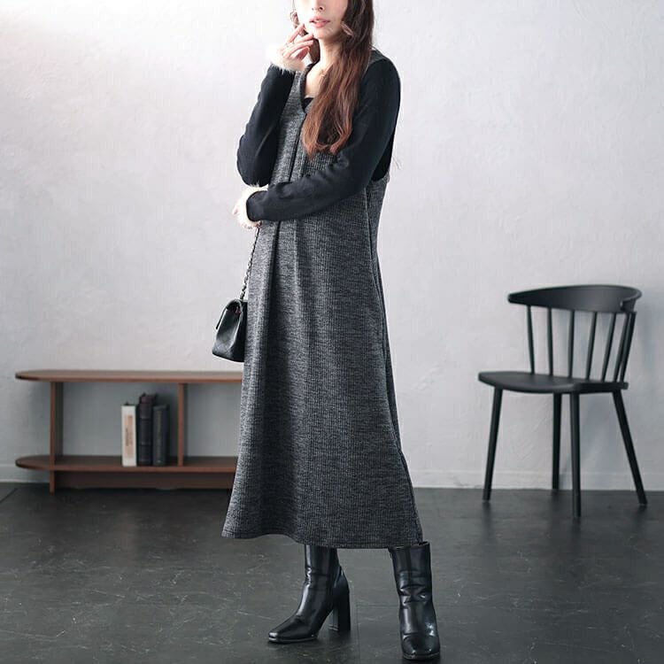 大きいサイズ レディース Vネックフロントタックジャンパースカート　plan-250054