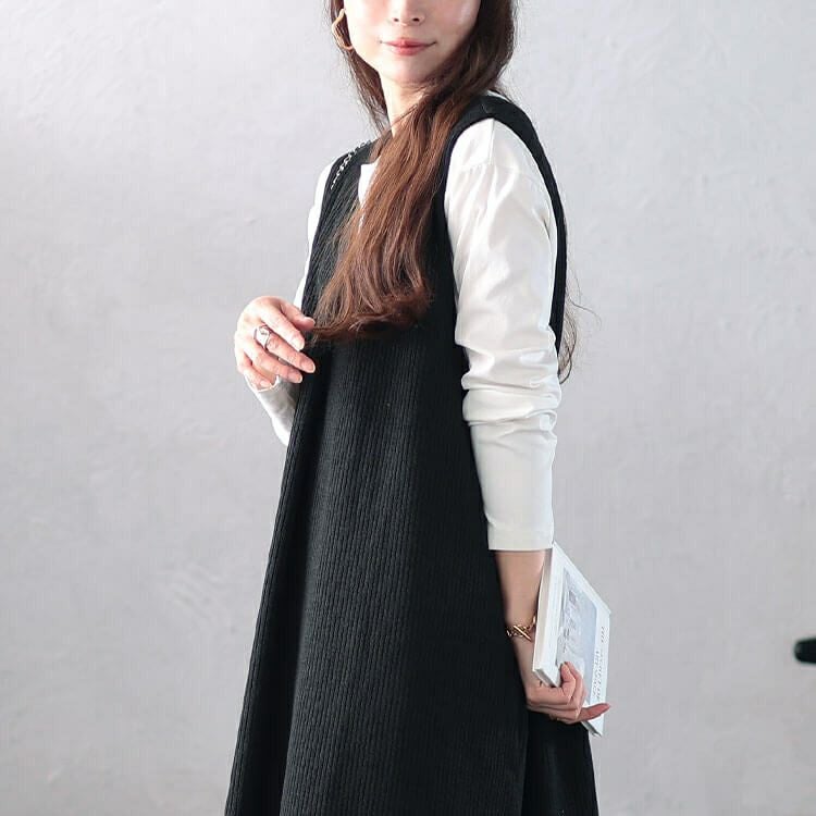 大きいサイズ レディース Vネックフロントタックジャンパースカート　plan-250054