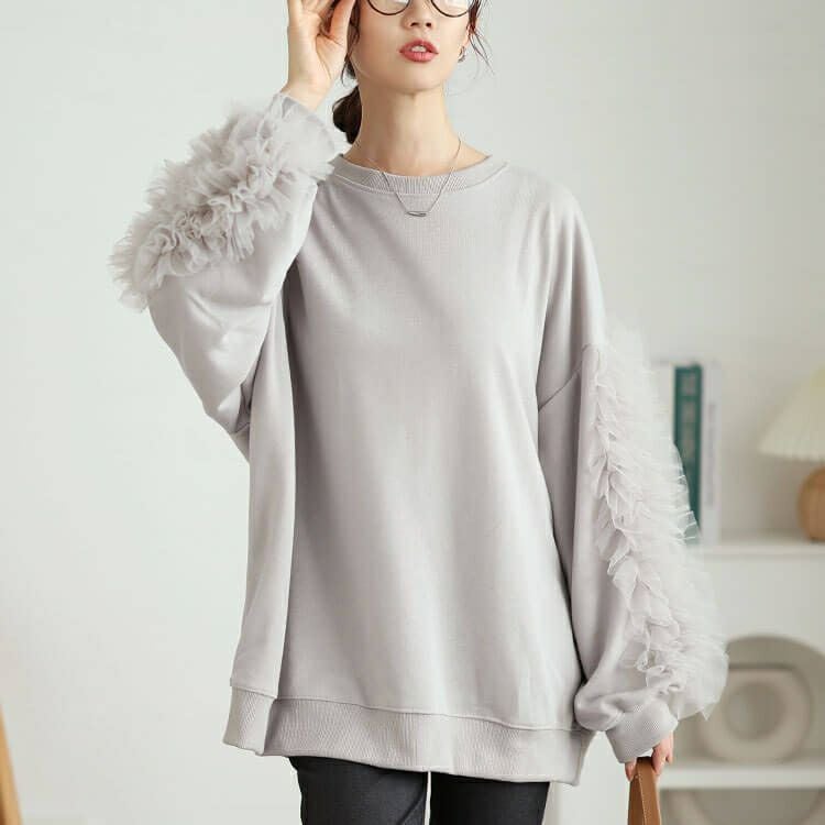 大きいサイズ レディース 袖チュールフリルプルオーバー　plan-260526