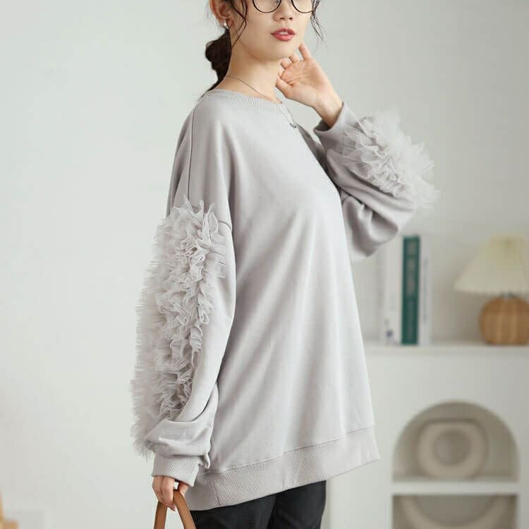 大きいサイズ レディース 袖チュールフリルプルオーバー　plan-260526