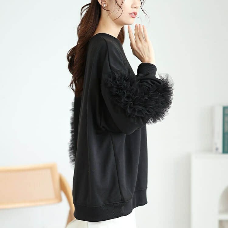 大きいサイズ レディース 袖チュールフリルプルオーバー　plan-260526